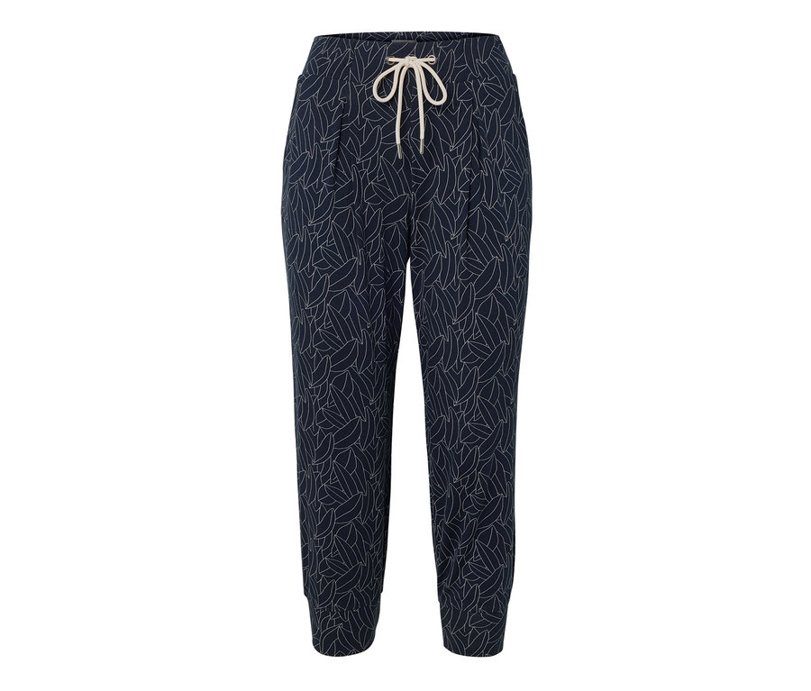 Modro-krémovobiele 3/4 džersejové nohavice s potlačou listov a sťahovacou šnúrkou.