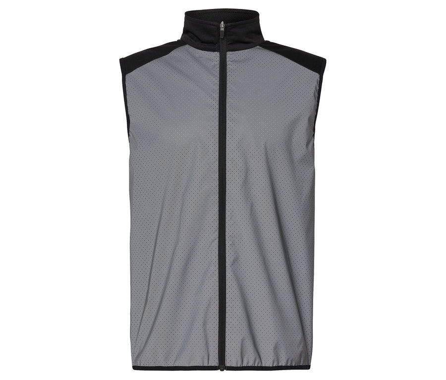 Sivá vesta s čiernym zipsom v strede.