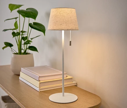 Stolná lampa s béžovým tienidlom stojí na drevenom stolíku vedľa kvetu v kvetináči a kopy kníh.