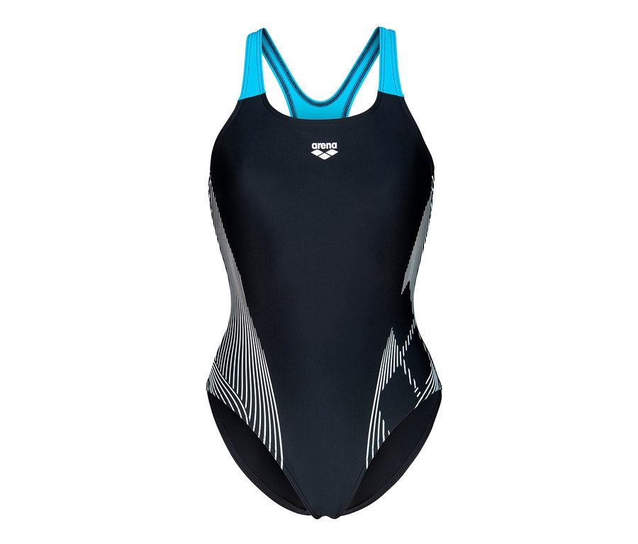 arena Feel Damen Lily Swim Pro Back Bustier Badeanzug, BLACK-TURQUOISE.