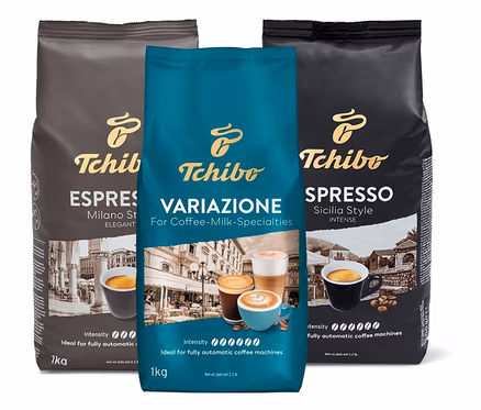 Tri balenia zrnkovej kávy Tchibo Ochutnávkový set 3 kg.