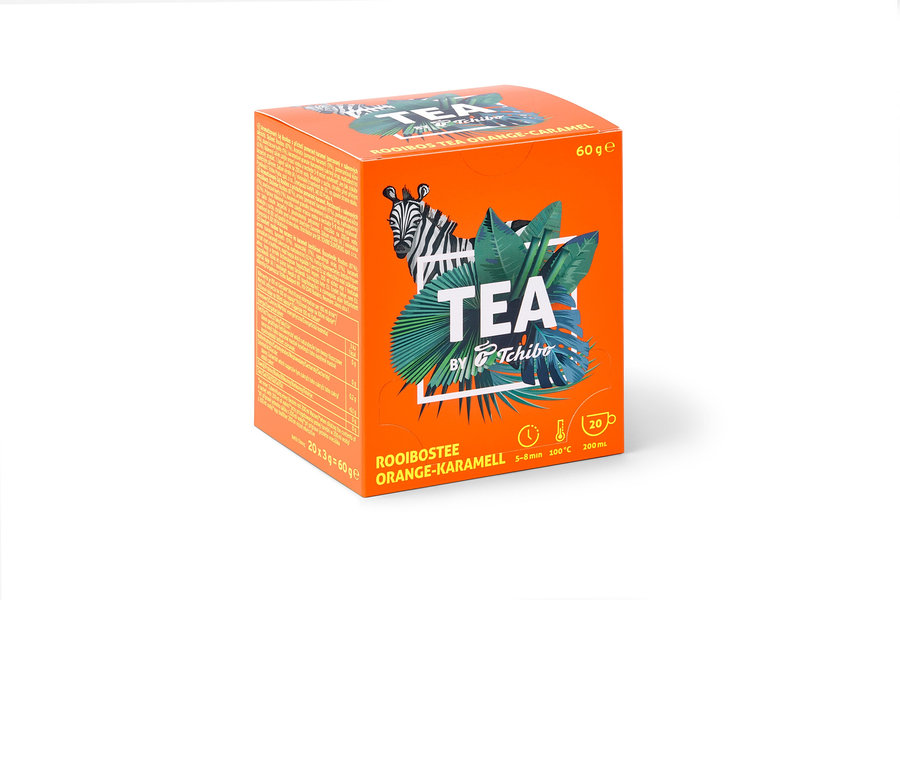 Oranžová krabička čaju TEA by Tchibo Rooibos s príchuťou pomaranča a karamelu - 8 x 20 čajových vrecúšok.