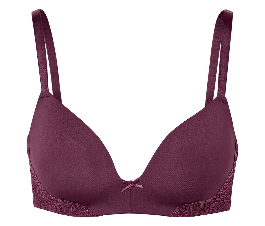 Fialová podprsenka s čipkou a mašľou v strede.