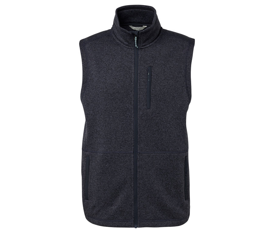 Tmavosivá fleecová vesta so zipsom a vreckami.