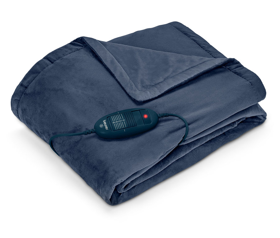 Zložená tmavomodrá elektrická deka s ovládačom Beurer s červenou kontrolkou.