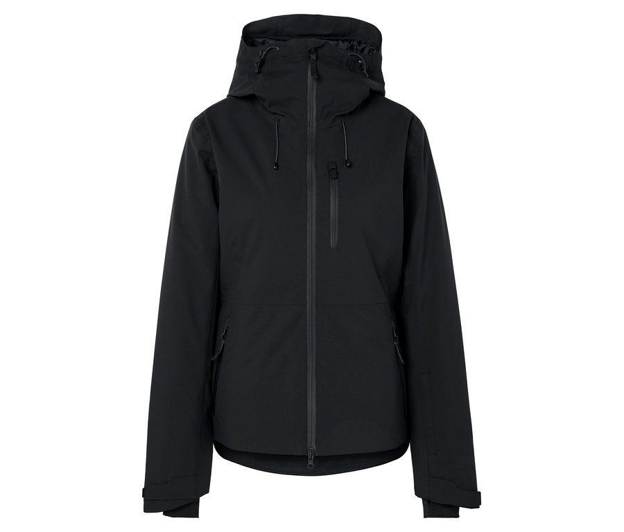 Čierna bunda s kapucňou so zipsom v strede.