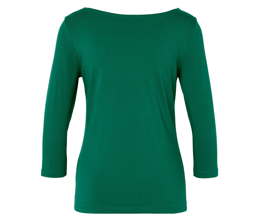 Zelená blúzka s trojštvrťovými rukávmi a lodičkovým výstrihom.
