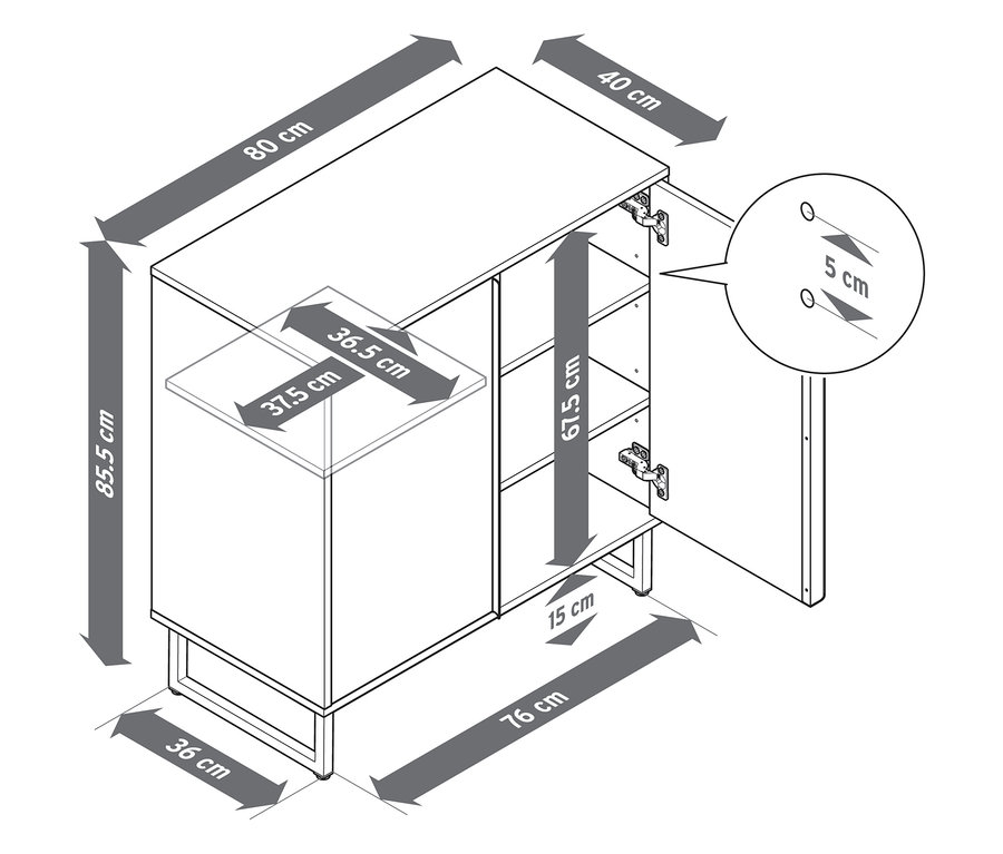 Ilustrácia komody »LEEG« s 2 dvierkami a rozmermi.