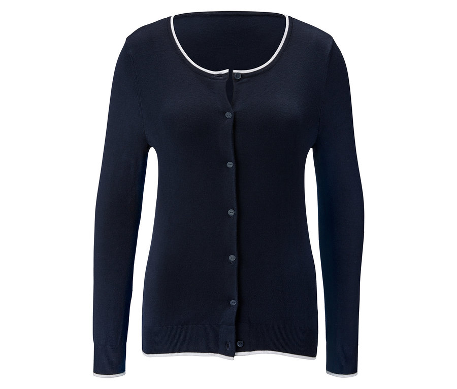 Tmavomodrý kardigán z jemného úpletu s bielym lemom.