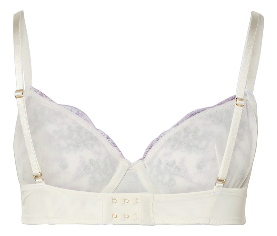 Pohľad zozadu na bielu podprsenku s fialovou čipkou a nastaviteľnými ramienkami.