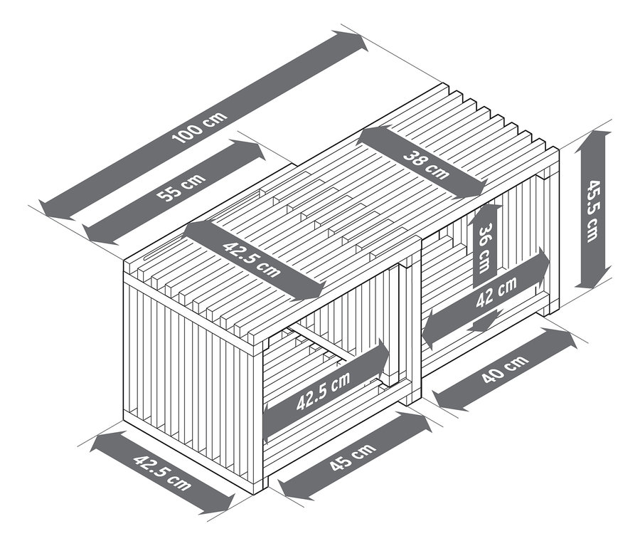 Pohľad zhora na konferenčný stolík s rozmermi.
