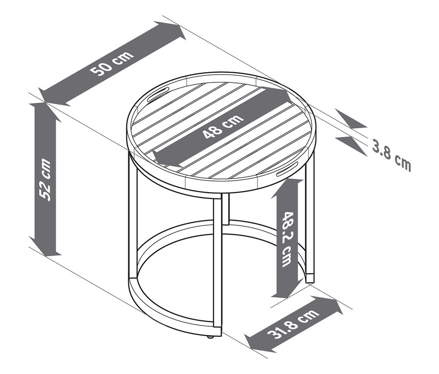 Obrázok dvoch záhradných stolíkov s odnímateľnými podnosmi, s priemerom cca 40 cm a 50 cm, s rozmermi.