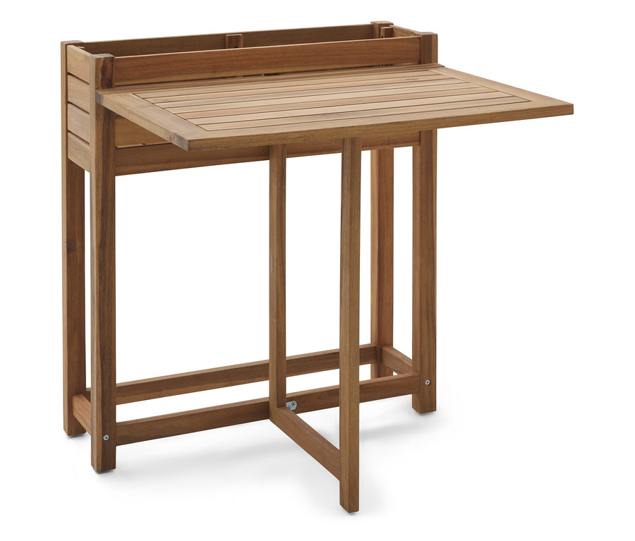 Hnedý drevený stôl so sklopnou doskou stojí na bielom pozadí.