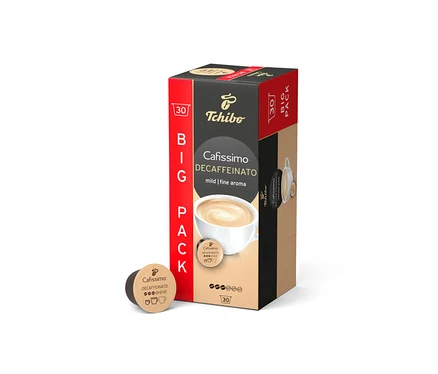 Zvisle stojí balenie Tchibo Cafissimo Decaffeinato - 30 kapsúl. Vedľa leží kapsula.