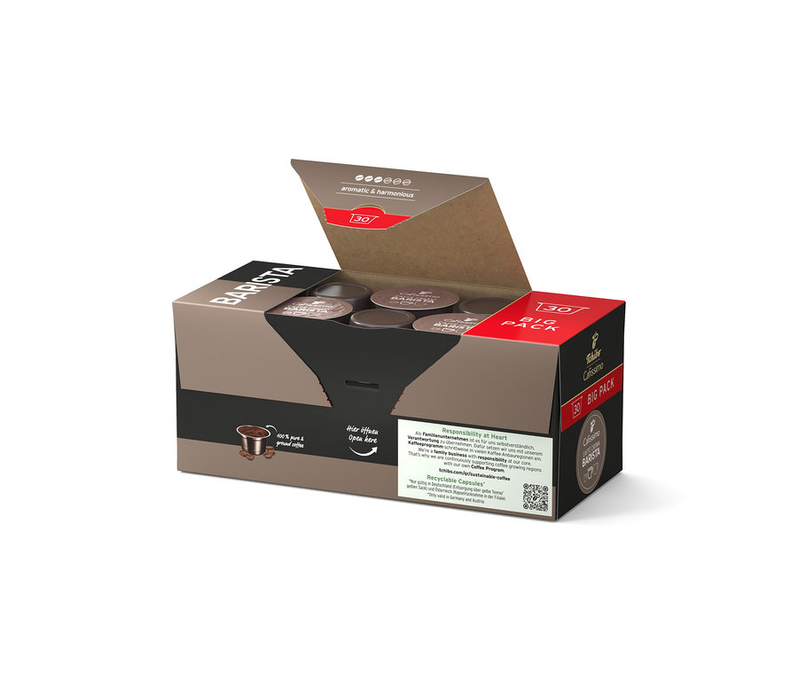 Otvorený hnedý Tchibo Cafissimo Barista Big Pack s 30 kapsulami kávy.
