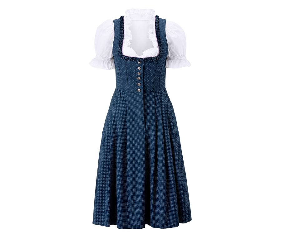 Modrý dirndl s bielou blúzkou.
