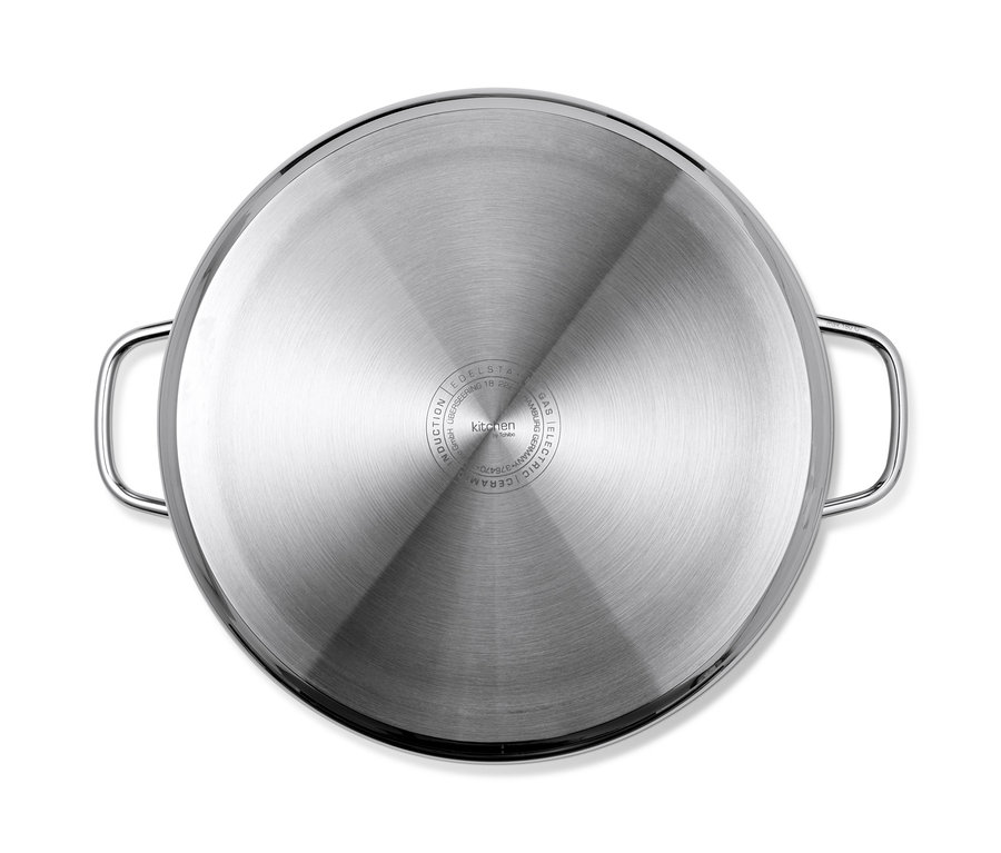 Pohľad zhora na XL hrniec z ušľachtilej ocele s držadlami po stranách na bielom pozadí.