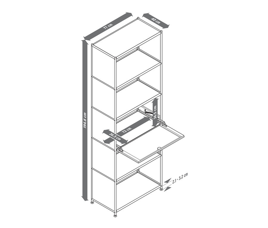 Ilustrácia vysokého kovového regálu »CN3« s výklopnou priehradkou a rozmermi.