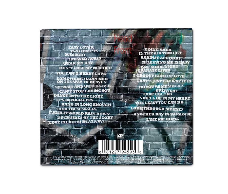 Zoznam skladieb albumu CD »Phil Collins – The Singles« na pozadí tehlovej steny.