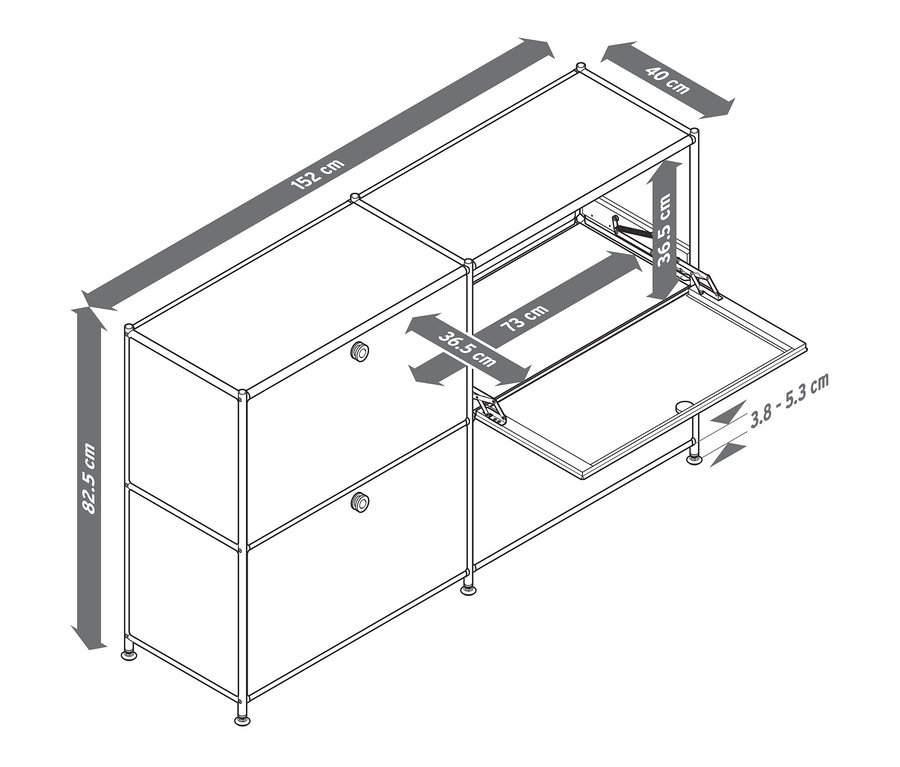Schéma odkladacej skrinky »CN3« so štyrmi výklopnými doskami s rozmermi.