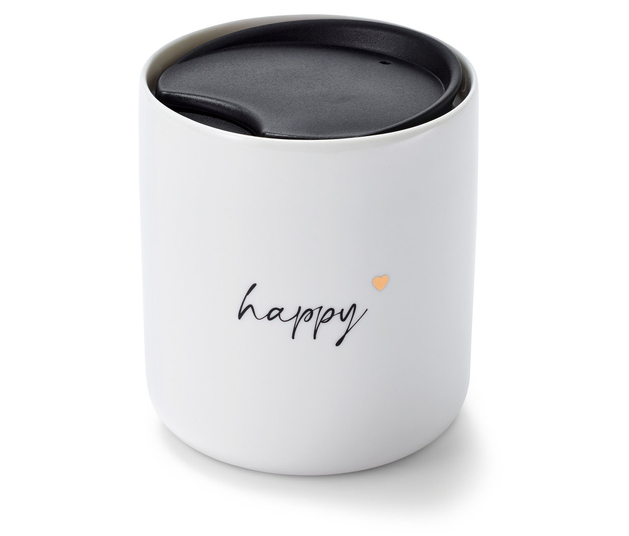 Biely keramický hrnček s vekom a nápisom "happy".