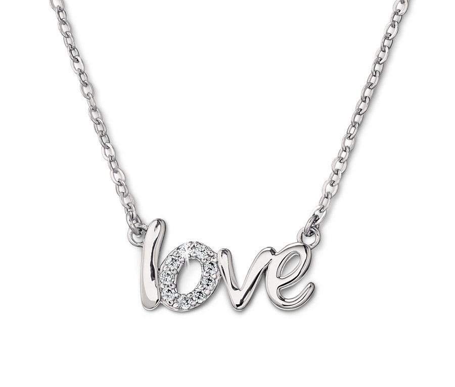 Strieborný ródiovaný náhrdelník Love so zirkónmi.