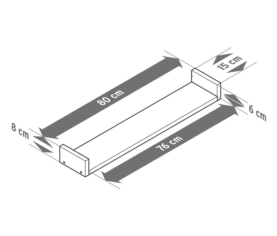 Diagram znázorňuje nástennú poličku s rozmermi cca 80 cm.