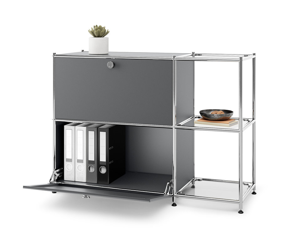 Sivá kovová odkladacia skrinka »CN3« s 2 výklopnými priehradkami, s zakladačmi vnútri a rastlinou navrchu.