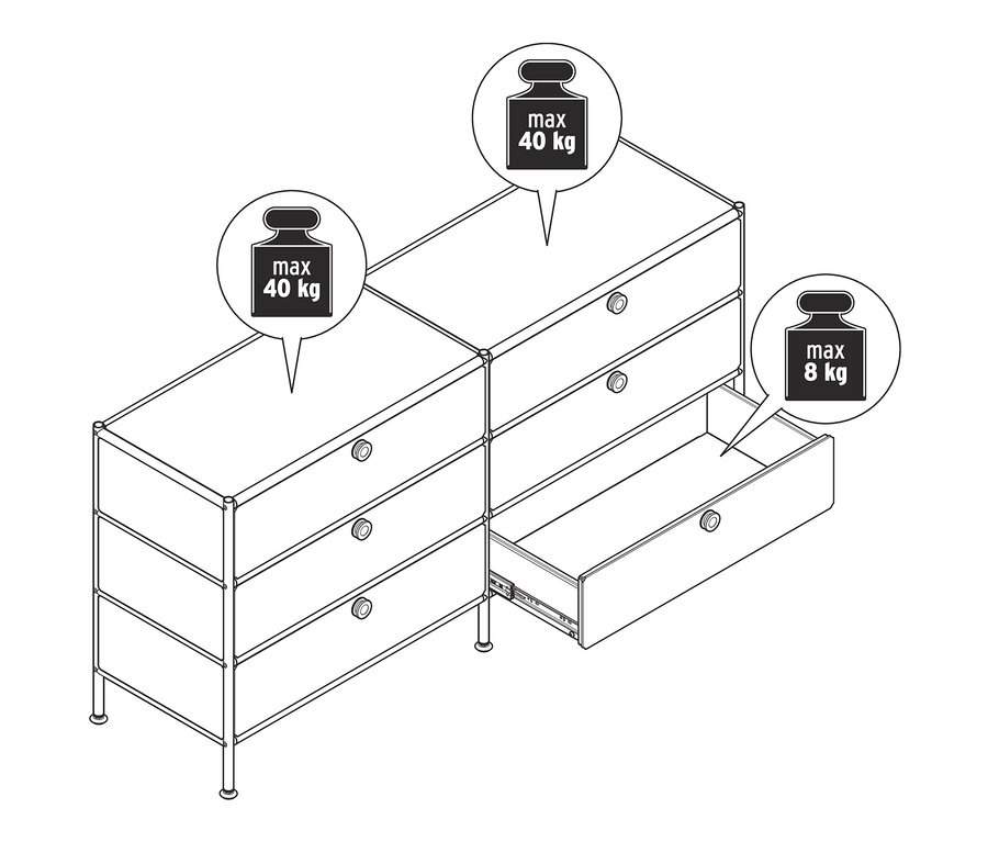 Nákres kovovej komody »CN3« so 6 zásuvkami, jedna zásuvka je otvorená.