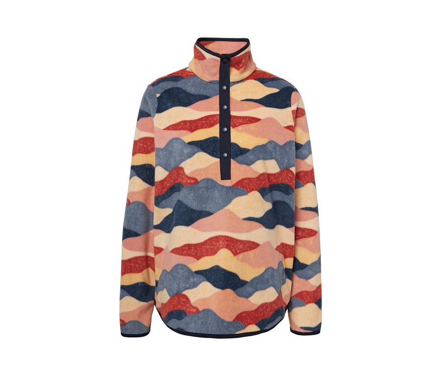 Flísová mikina s farebným vzorom hôr a zapínaním na gombíky.