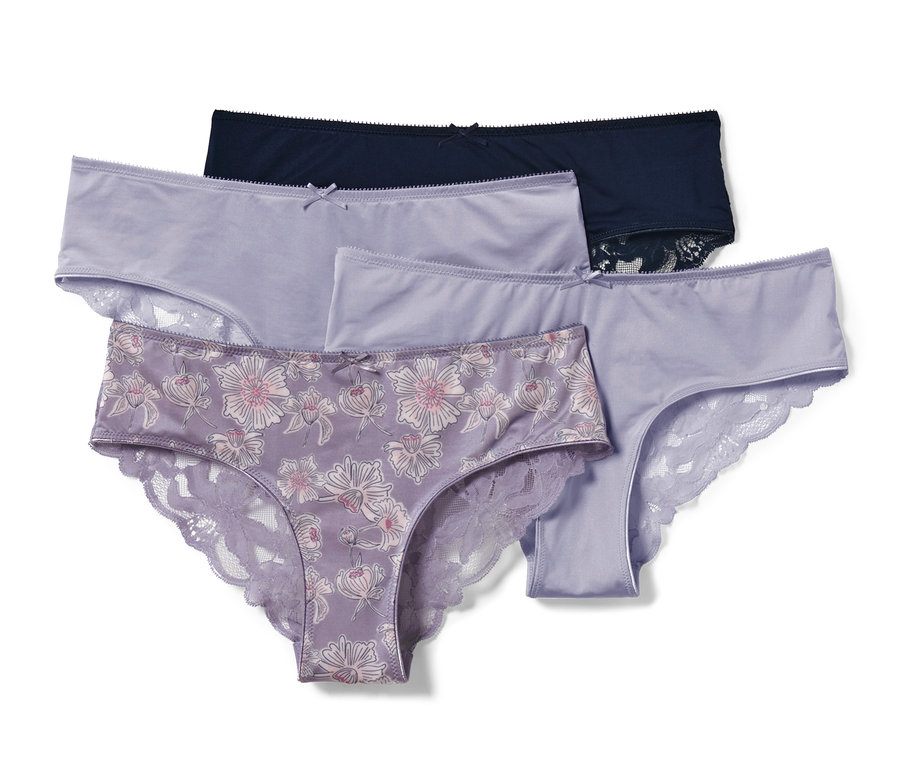 Štyri brazílske nohavičky rôznych farieb (modrá a fialová) s čipkou.