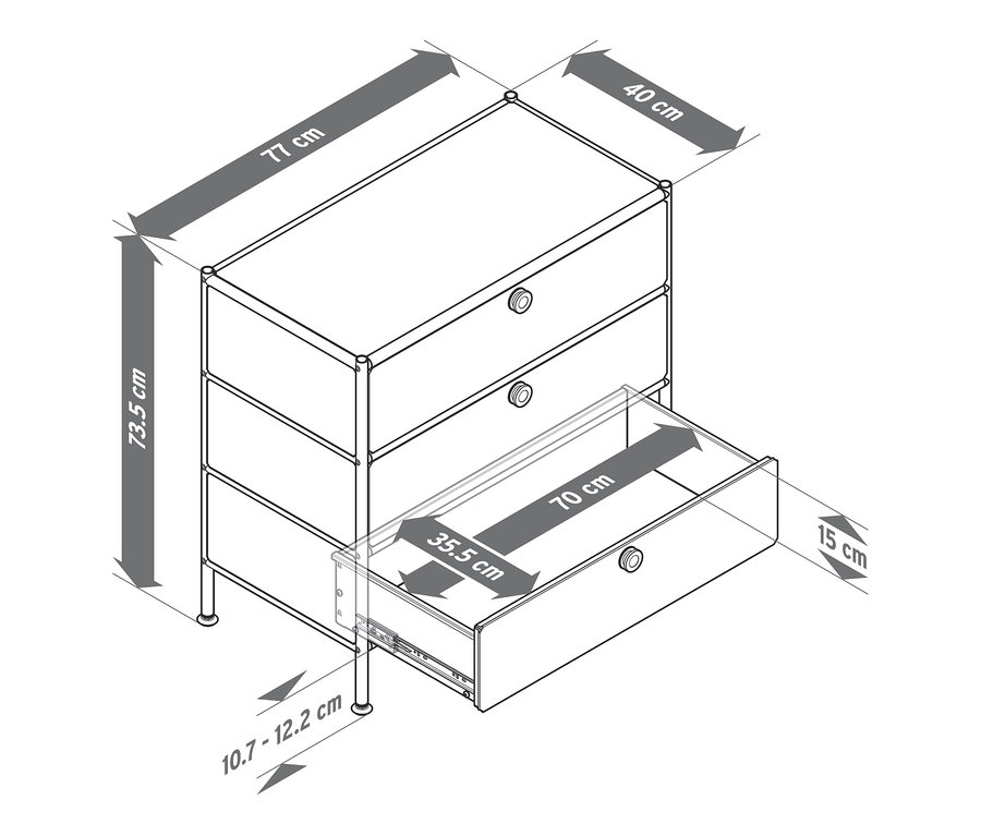 Rozmery kovovej komody »CN3« s 3 zásuvkami sú 73,5 x 77 x 40 cm, hĺbka otvorenej zásuvky je 15 cm.