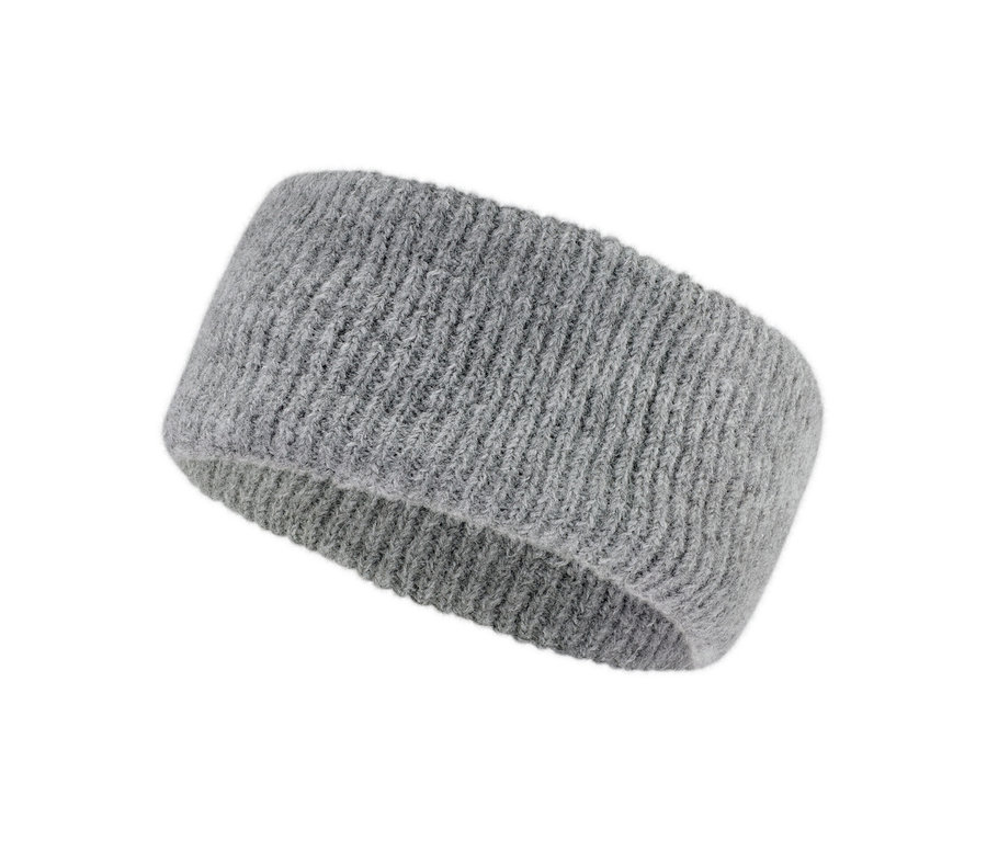 Sivá pletená čelenka.