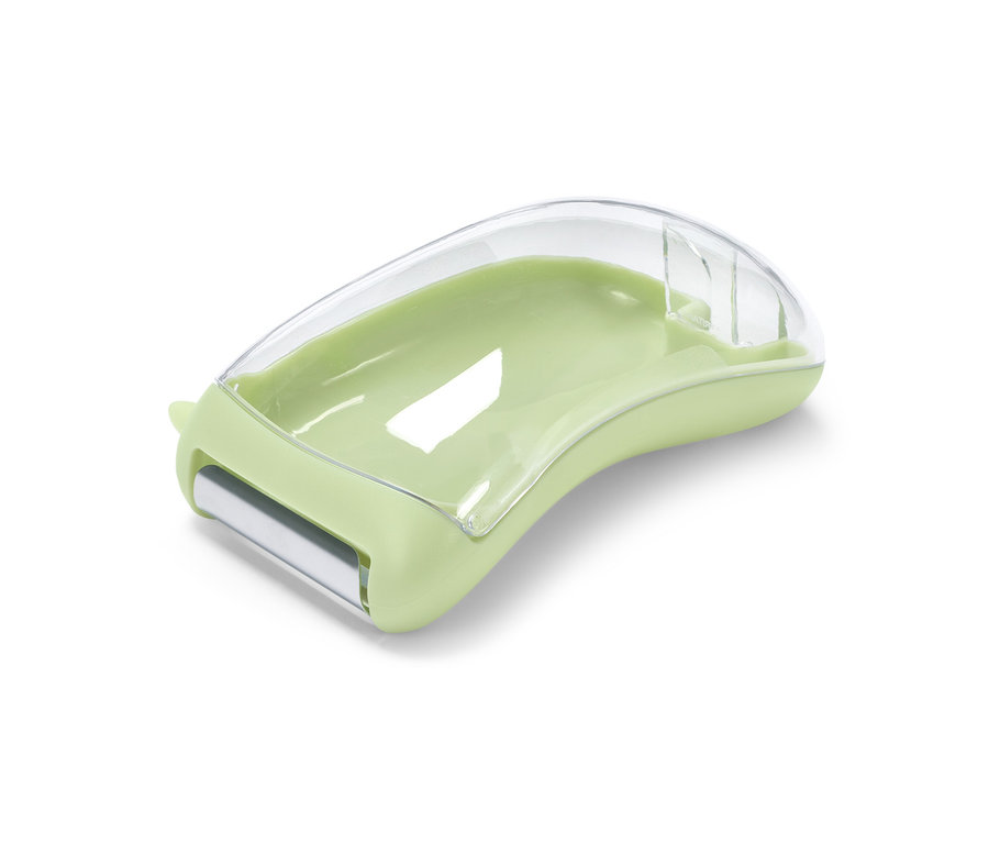 Univerzálna škrabka so záchytnou nádobou svetlozelenej farby s priehľadným plastovým krytom.