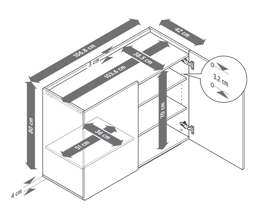 Rozmery skrinky sú zobrazené pomocou šípok.