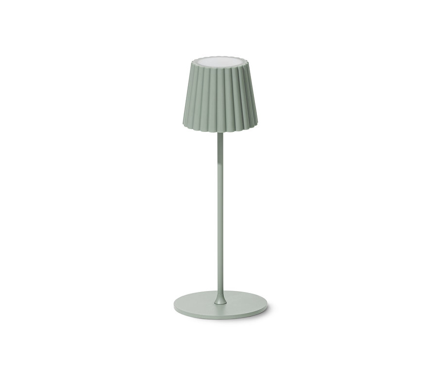 Stolová LED lampa s akumulátorom v šalviovej farbe.