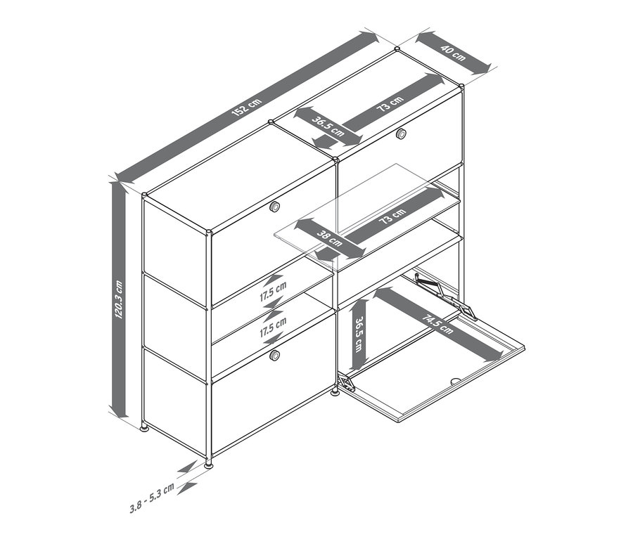 Nákres kovovej komody »CN3« so 4 výklopnými priečinkami.