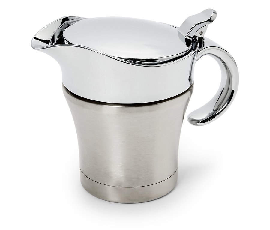 Nerezová termoska s chrómovaným vekom a rukoväťou.