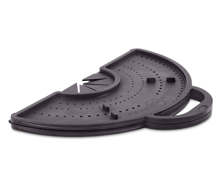 Sivková silikónová cedník na hrnce s otvormi a rukoväťou.