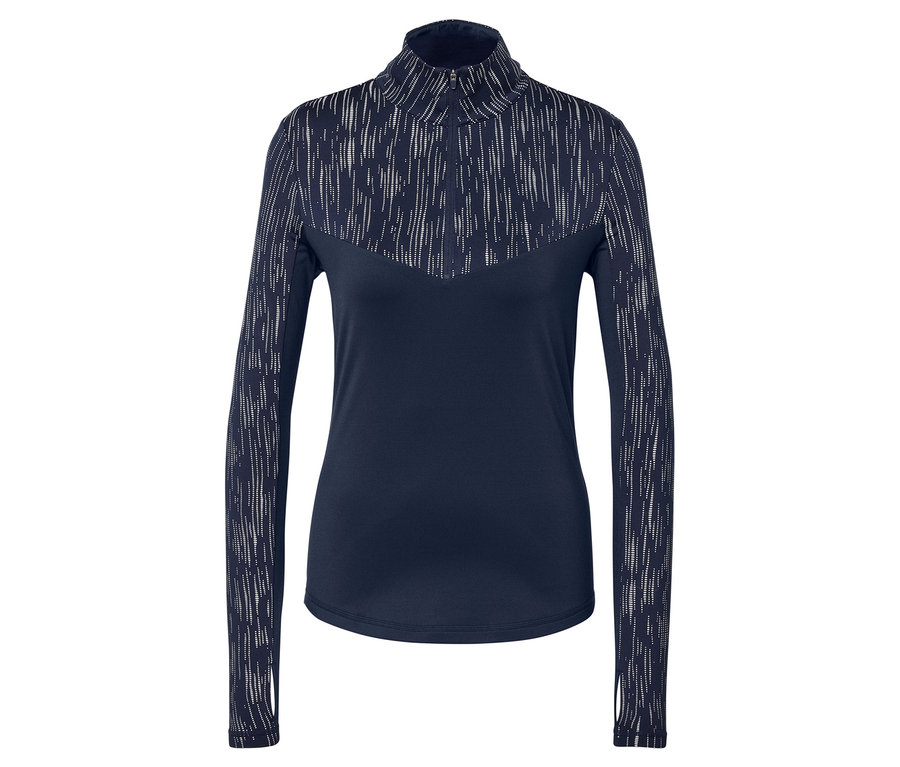 Tmavomodrý top s dlhým rukávom a abstraktným vzorom.