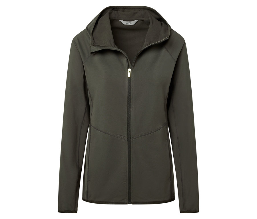 Zelená športová bunda so zipsom a kapucňou.