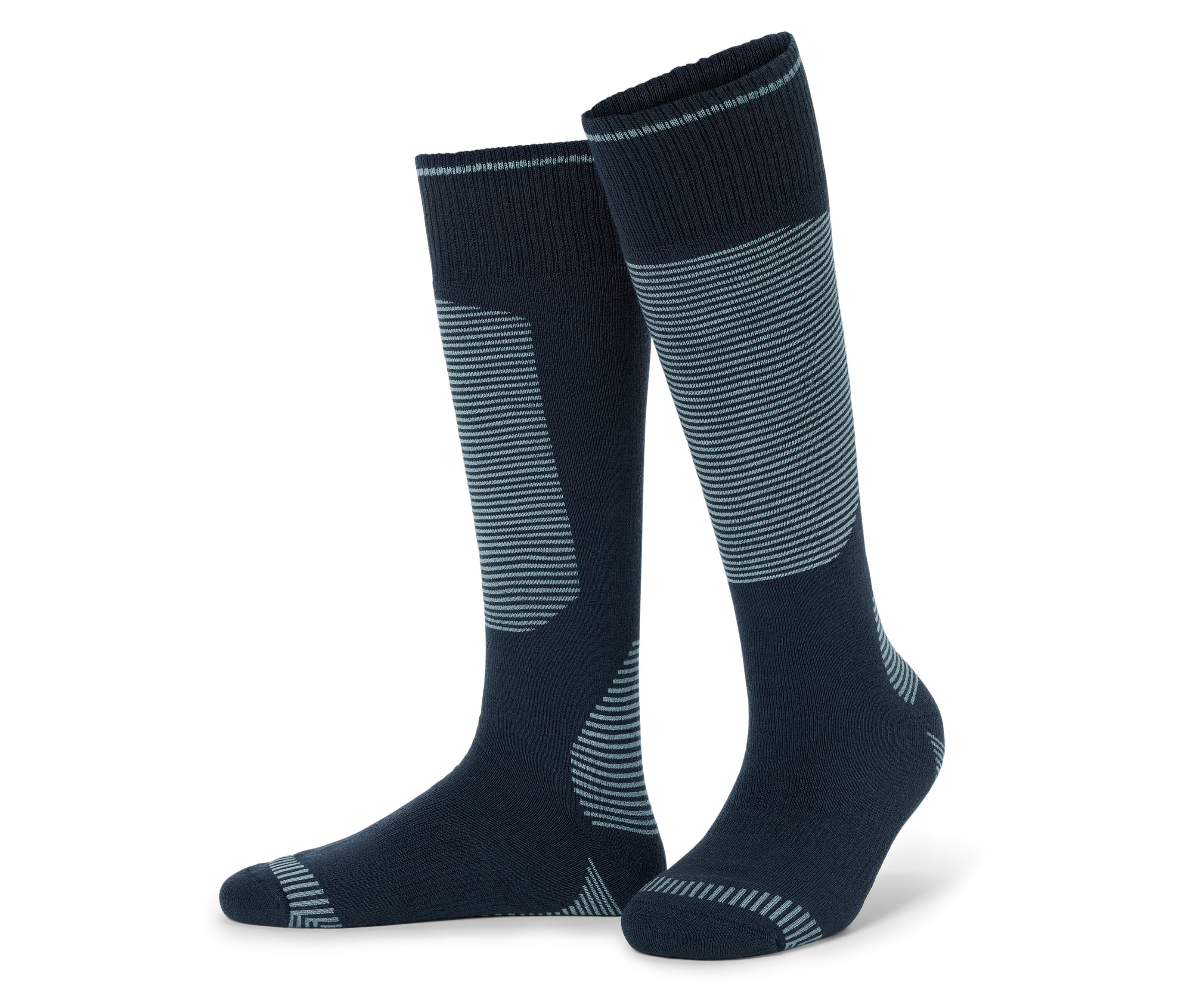 Pár tmavomodrých podkolienok so sivými pruhmi.