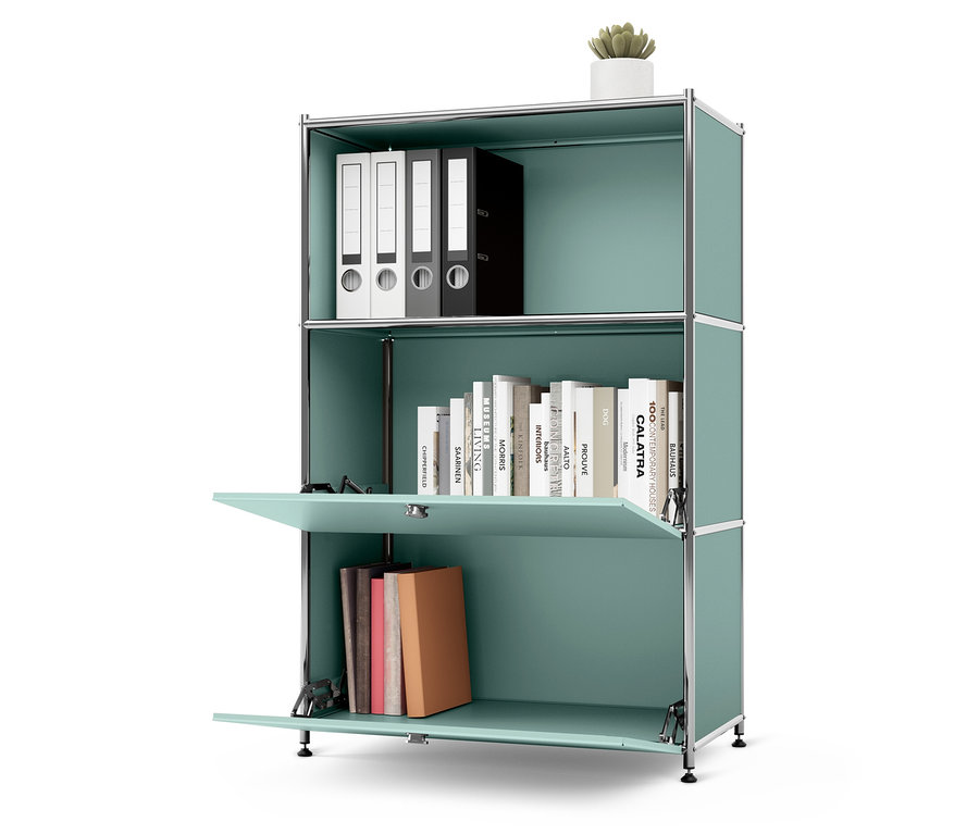 Tyrkysový regál s knihami a zakladačmi, navrchu kvetina v kvetináči.