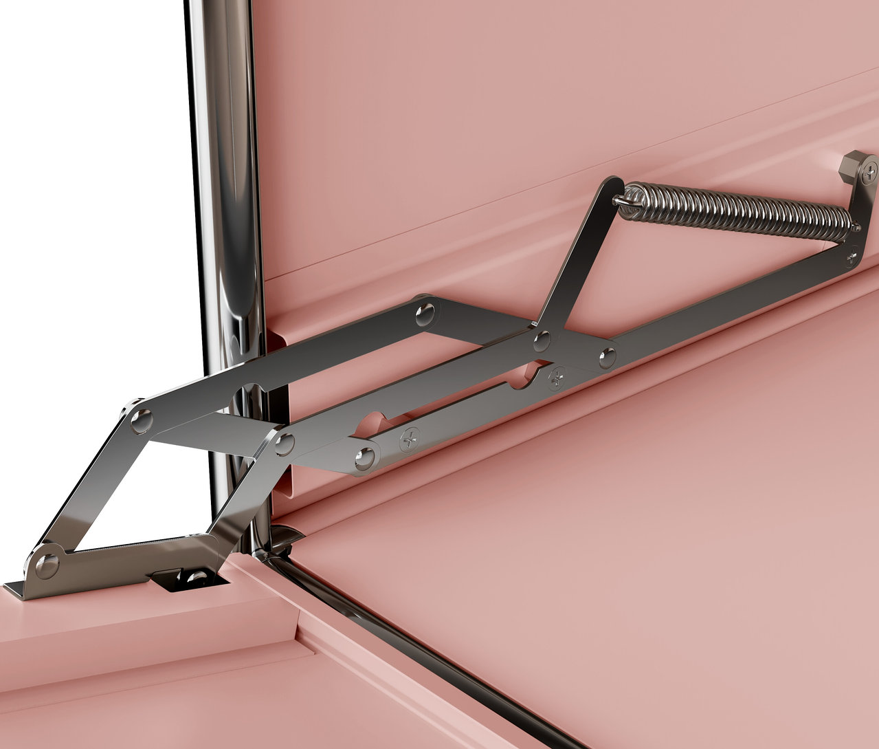 Detail mechanizmu otvárania ružovej skrine.