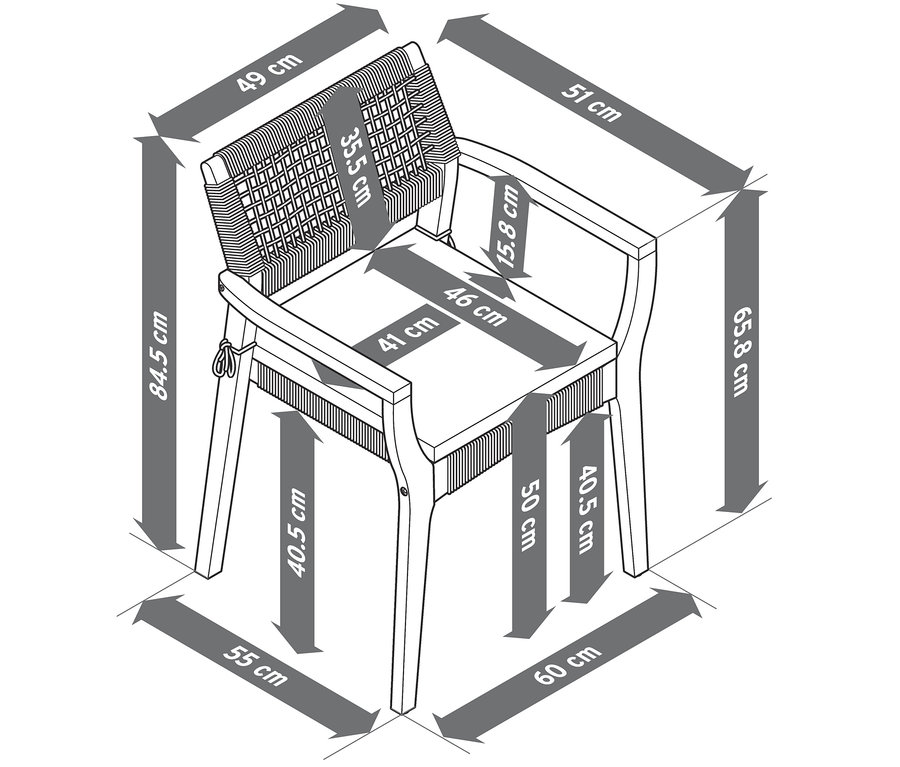 Ilustrácia stohovateľnej jedálenskej stoličky vrátane vankúšika na sedenie s rozmermi.