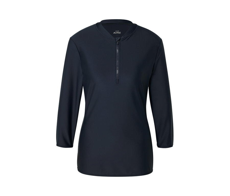 Tmavomodré športové tričko s dlhými rukávmi a ochranou proti UV žiareniu so zipsom.