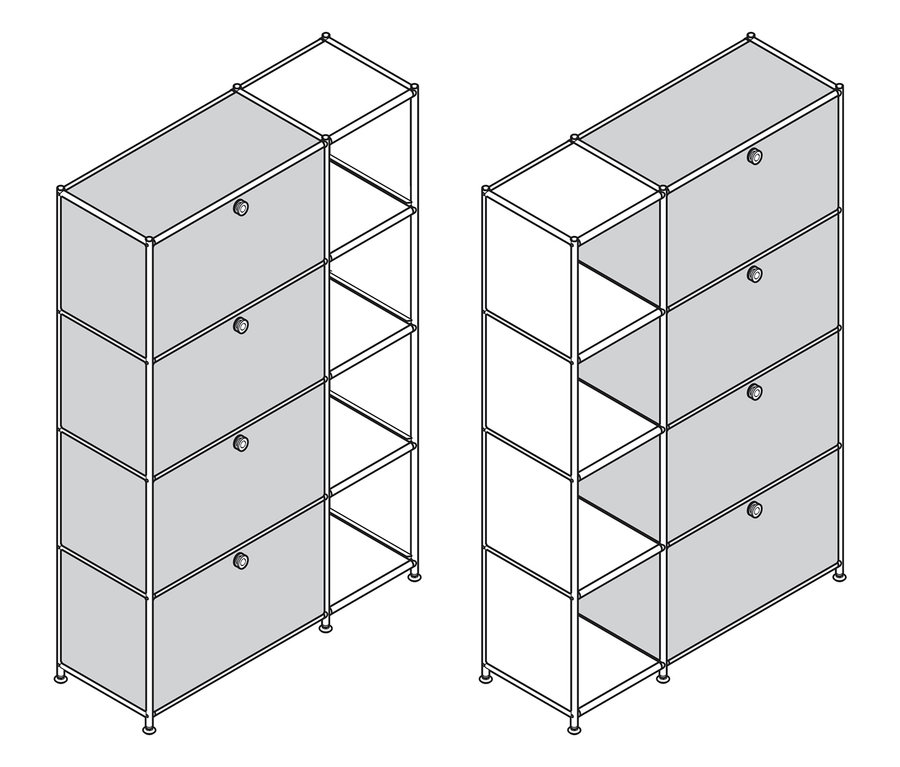 Dve kovové skrinky »CN3« so 4 výklopnými priečinkami, jedna sivá, druhá bielo-čierna, stoja vedľa seba.