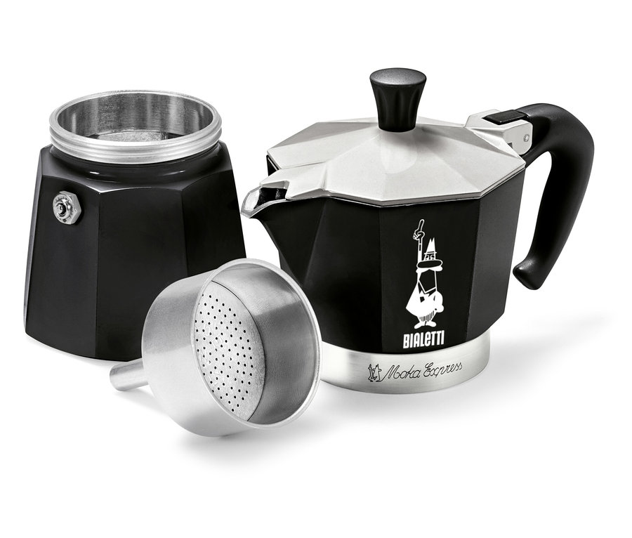 Rozložený na tri časti čierno-strieborný kávovar Bialetti Moka Express.
