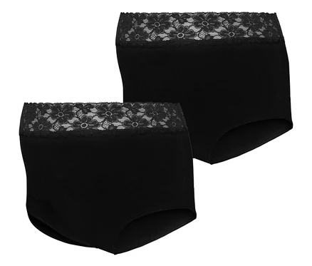 Dvoje čierne nohavičky MAMALICIOUS MLHEAL HW LACE PANTIES 2-P NOOS ležia na sebe.