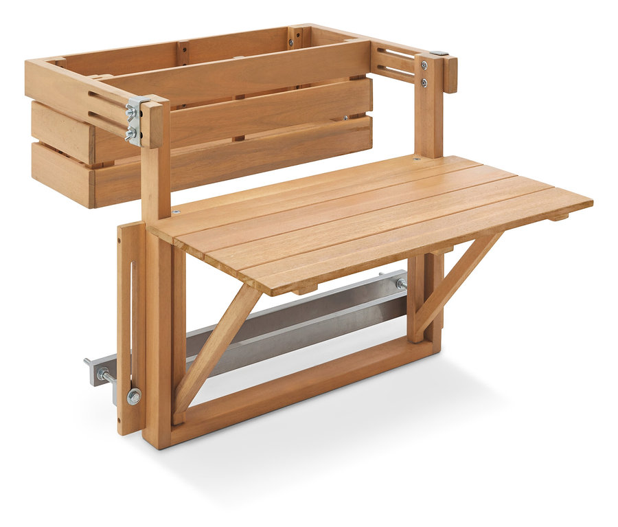 Drevený stôl s úložným boxom pripevnený k stene.